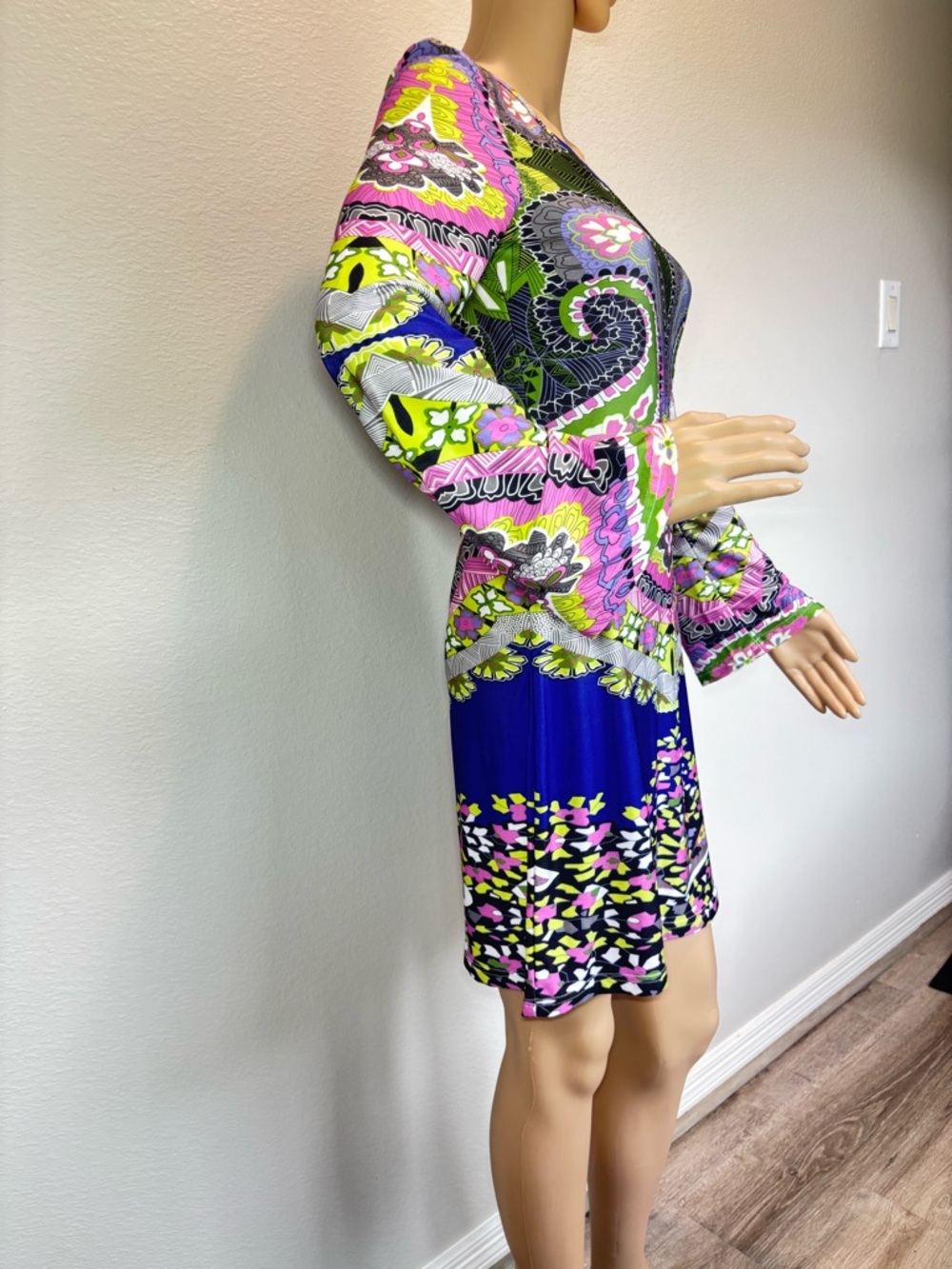 White Mark Couture Collection Blue, Pink & Green Paisley-Print Long Sleeve Dress - Picture 3 of 13